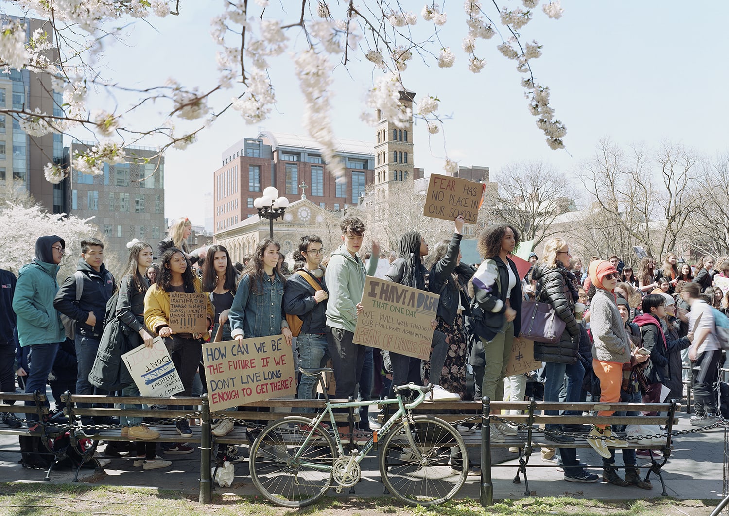 high school students protesting gun violence, Washington Square Park, New York City, April 20, 2018