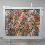 Julie Mehretu, TRANSpaintings(recurrence), 2023, Ink and acrylic on monofilament polyester mesh in an aluminum sculpture. "Upright Brackets," by Nairy Baghramian. Dimensions variable, 96 x 120 in/24,8 x 304,8 cm, Pinault Collection, Courtesy of the artist